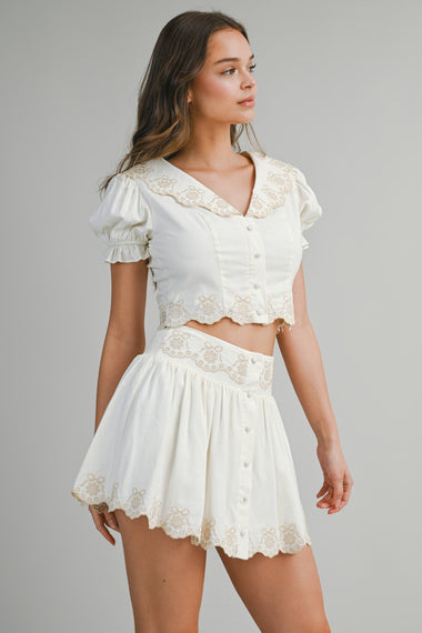 Scalloped Top and Skirt Set Cream