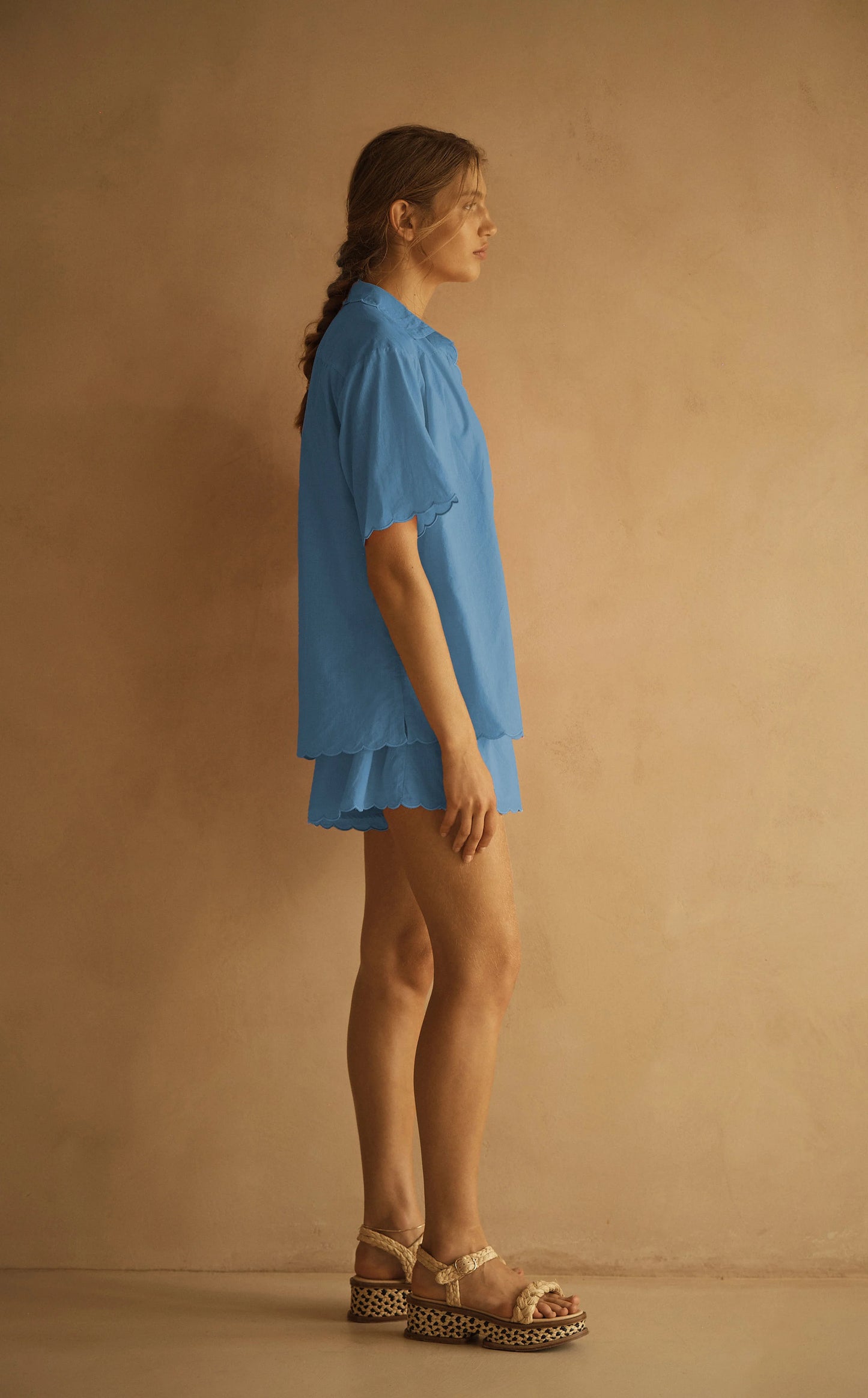 Load image into Gallery viewer, Scallop Short Sleeve Shirt Fiordaliso Blue - Top
