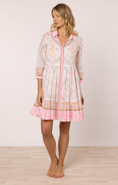 Frill Shirt Dress In Cage Block Print In White/Pink Grapefruit
