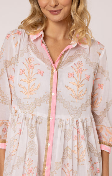 Frill Shirt Dress In Cage Block Print In White/Pink Grapefruit