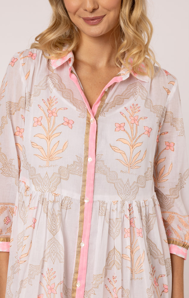 Load image into Gallery viewer, Frill Shirt Dress In Cage Block Print In White/Pink Grapefruit
