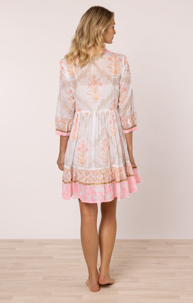 Load image into Gallery viewer, Frill Shirt Dress In Cage Block Print In White/Pink Grapefruit

