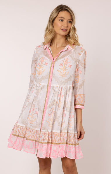 Frill Shirt Dress In Cage Block Print In White/Pink Grapefruit