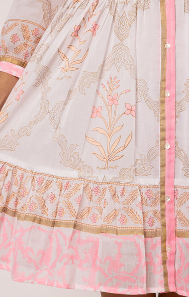 Frill Shirt Dress In Cage Block Print In White/Pink Grapefruit