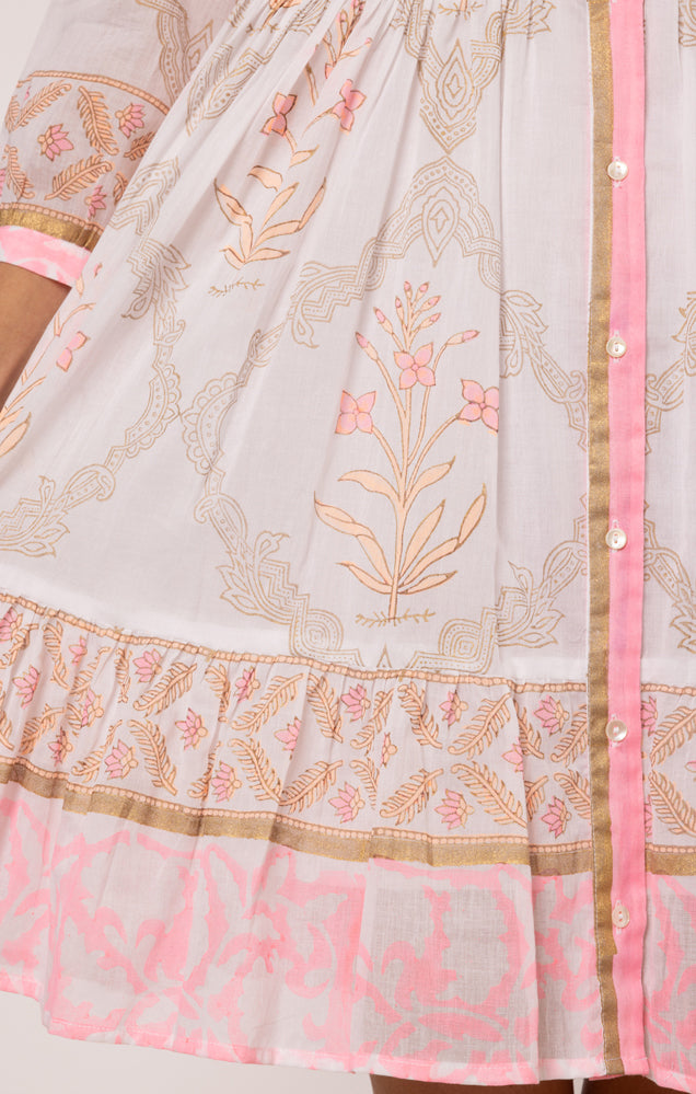 Load image into Gallery viewer, Frill Shirt Dress In Cage Block Print In White/Pink Grapefruit
