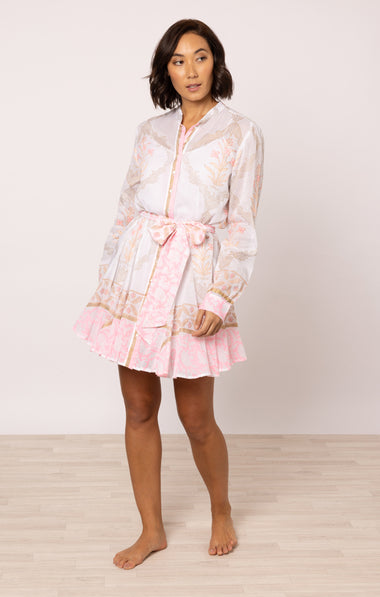 Godet Dress In Cage Block Print White/Pink Grapefruit