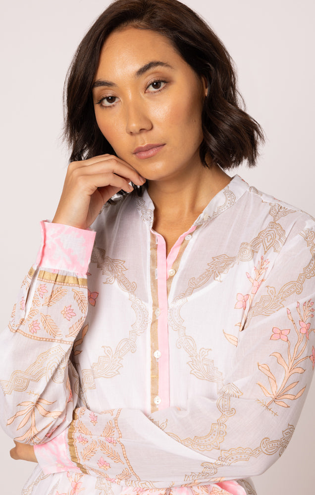 Load image into Gallery viewer, Godet Dress In Cage Block Print White/Pink Grapefruit
