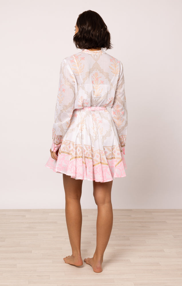 Load image into Gallery viewer, Godet Dress In Cage Block Print White/Pink Grapefruit
