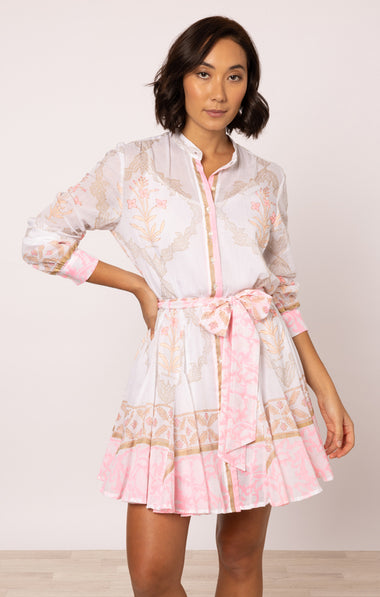 Godet Dress In Cage Block Print White/Pink Grapefruit