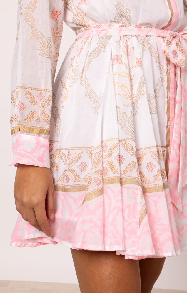 Load image into Gallery viewer, Godet Dress In Cage Block Print White/Pink Grapefruit
