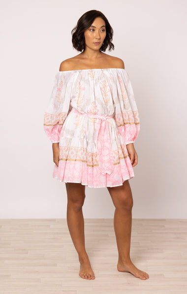 Boho Dress In Cage Block Print White/Pink Grapefruit
