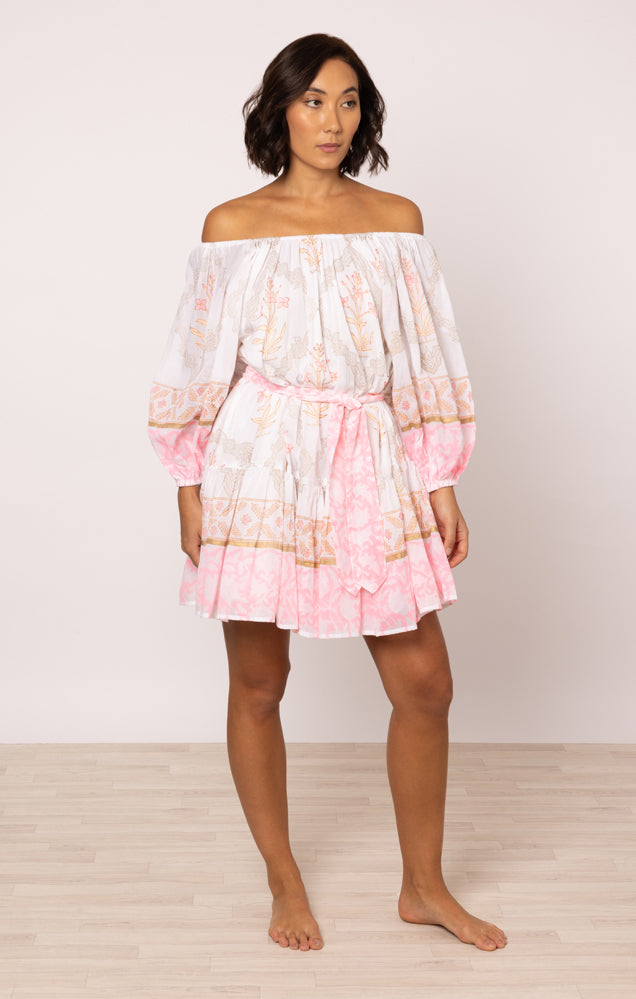 Load image into Gallery viewer, Boho Dress In Cage Block Print White/Pink Grapefruit
