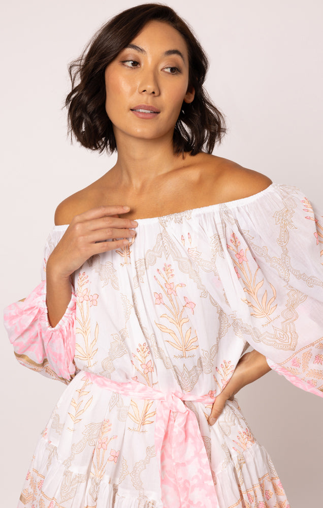 Load image into Gallery viewer, Boho Dress In Cage Block Print White/Pink Grapefruit
