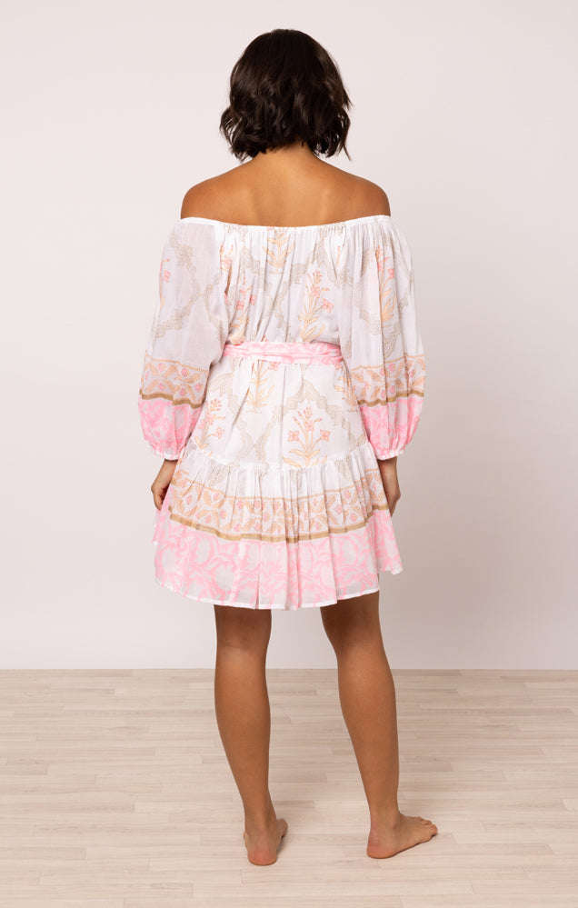 Load image into Gallery viewer, Boho Dress In Cage Block Print White/Pink Grapefruit
