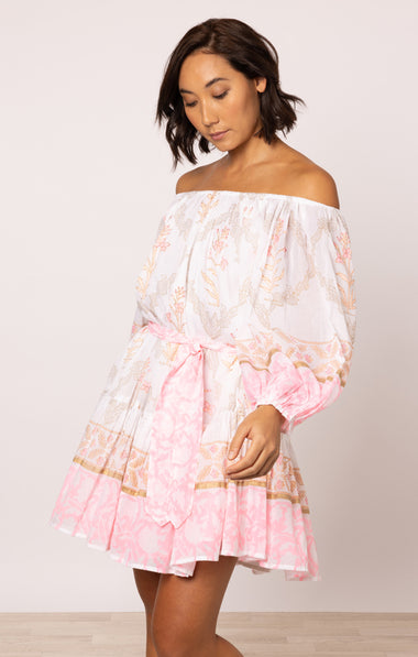 Boho Dress In Cage Block Print White/Pink Grapefruit