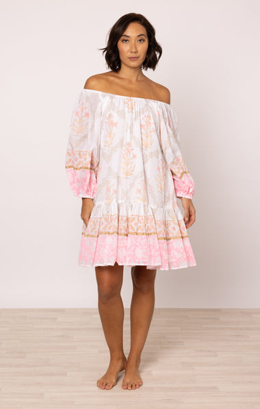 Boho Dress In Cage Block Print White/Pink Grapefruit