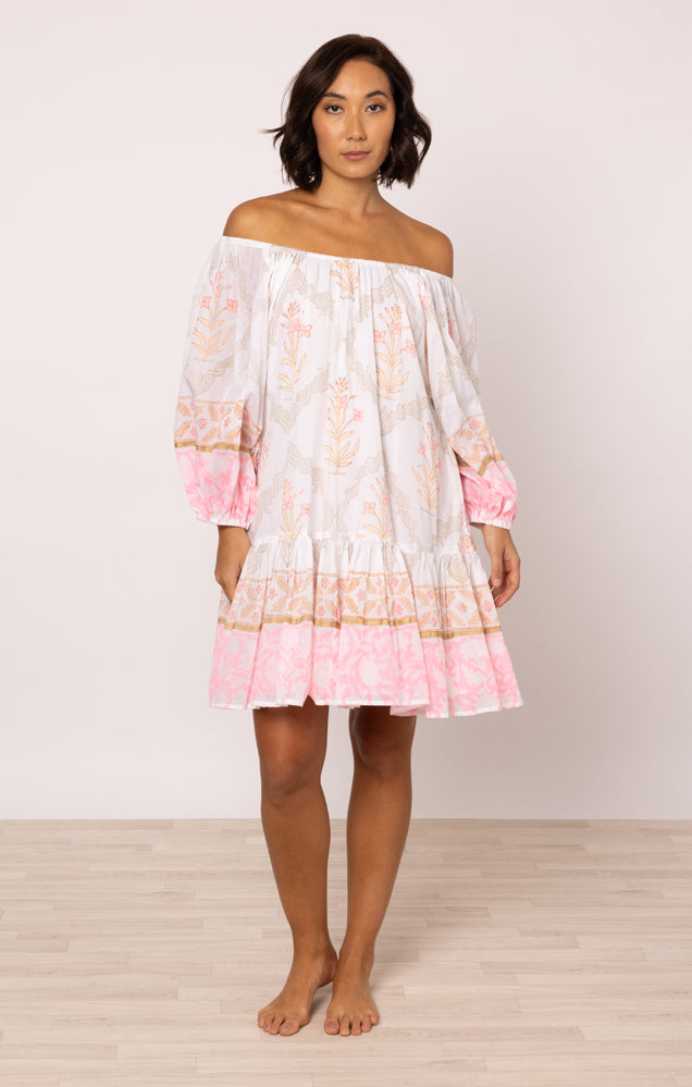 Load image into Gallery viewer, Boho Dress In Cage Block Print White/Pink Grapefruit
