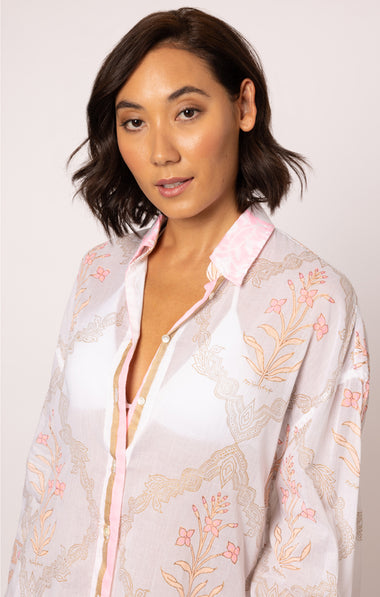 Beach Shirt In Cage Block Print White/Pink Grapefruit