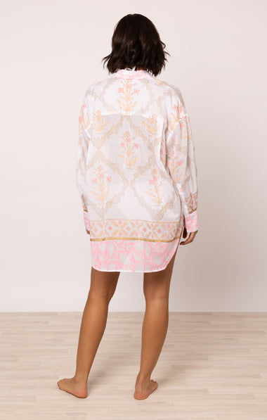 Beach Shirt In Cage Block Print White/Pink Grapefruit