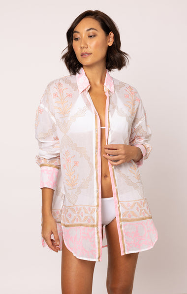 Beach Shirt In Cage Block Print White/Pink Grapefruit