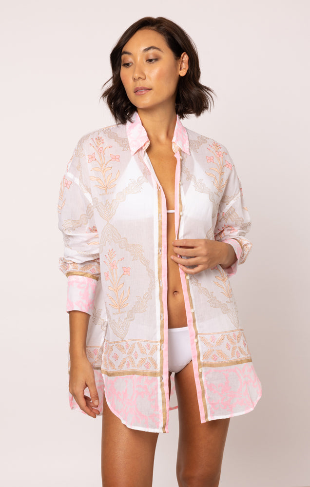 Load image into Gallery viewer, Beach Shirt In Cage Block Print White/Pink Grapefruit
