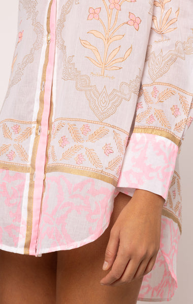 Beach Shirt In Cage Block Print White/Pink Grapefruit