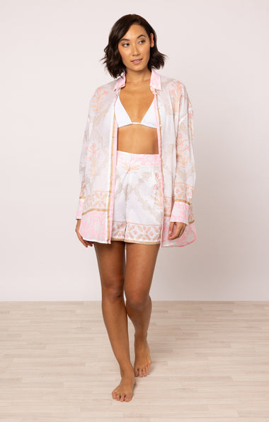 Beach Shirt In Cage Block Print White/Pink Grapefruit