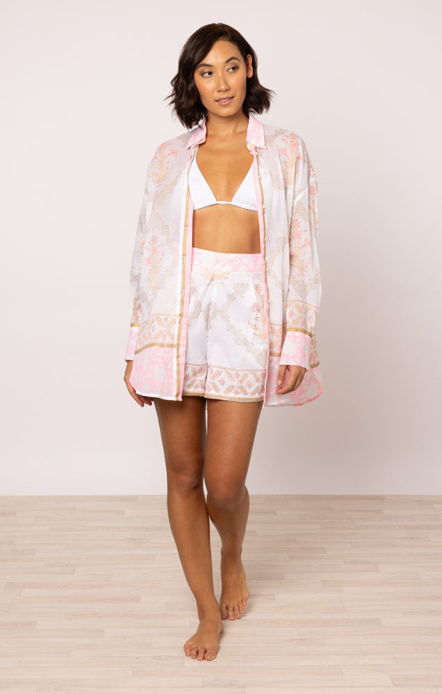 Load image into Gallery viewer, Beach Shirt In Cage Block Print White/Pink Grapefruit
