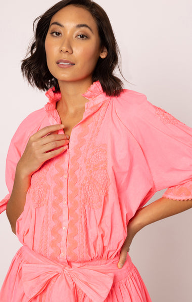 Poplin Blouson Dress With Ric Rac Embroidery In Watermelon