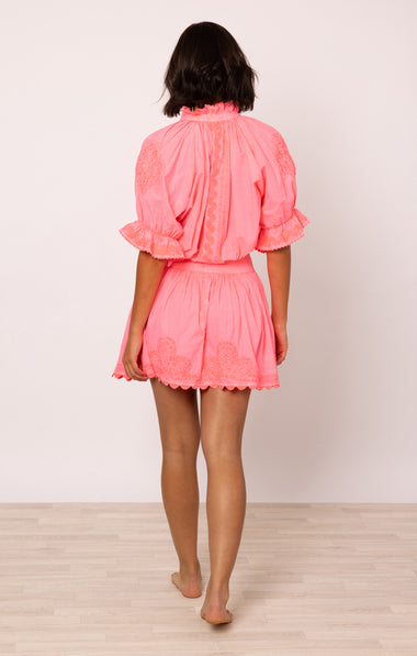 Poplin Blouson Dress With Ric Rac Embroidery In Watermelon