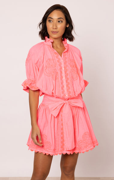 Poplin Blouson Dress With Ric Rac Embroidery In Watermelon