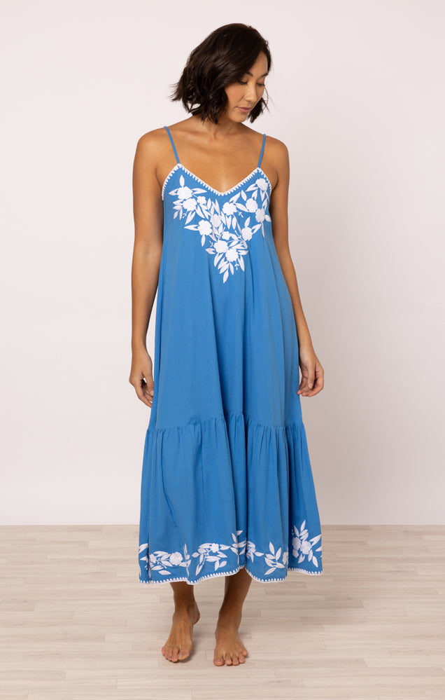 Load image into Gallery viewer, Linen Look V-Neck Midi Dress Marine/White
