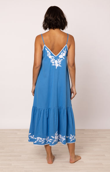 Linen Look V-Neck Midi Dress Marine/White