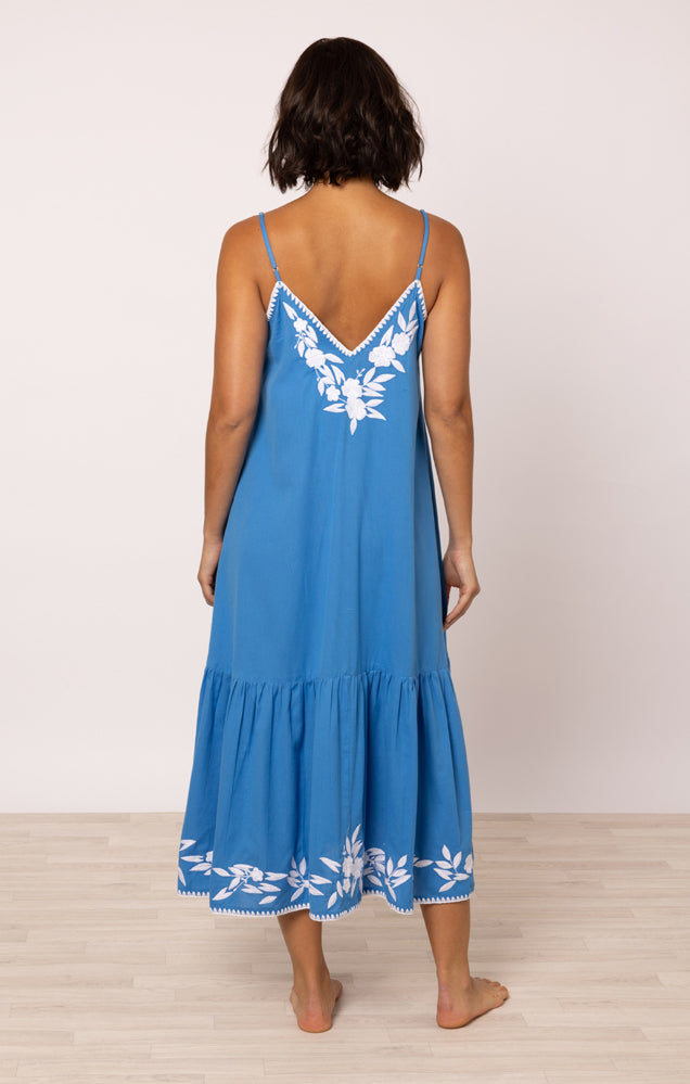 Load image into Gallery viewer, Linen Look V-Neck Midi Dress Marine/White
