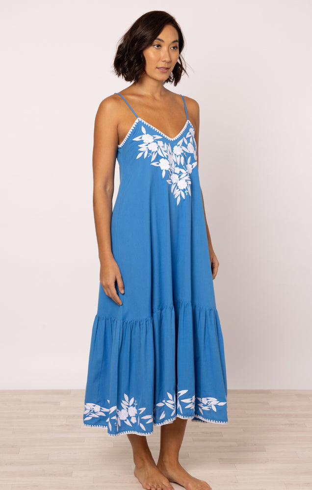 Load image into Gallery viewer, Linen Look V-Neck Midi Dress Marine/White
