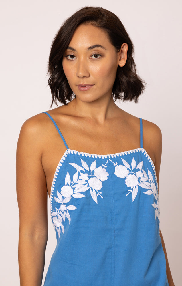 Load image into Gallery viewer, Linen Look Romper with Embroidery and Edge Stitch Marine/White
