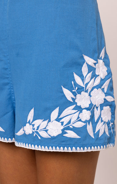 Linen Look Romper with Embroidery and Edge Stitch Marine/White