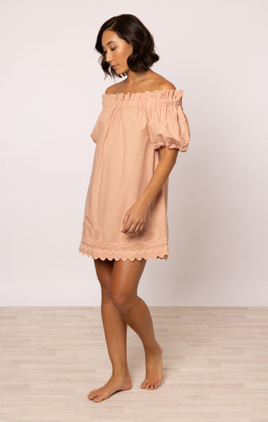 Poplin Off-Shoulder Mini Dress with Ric Rac Embroidery In Bronze