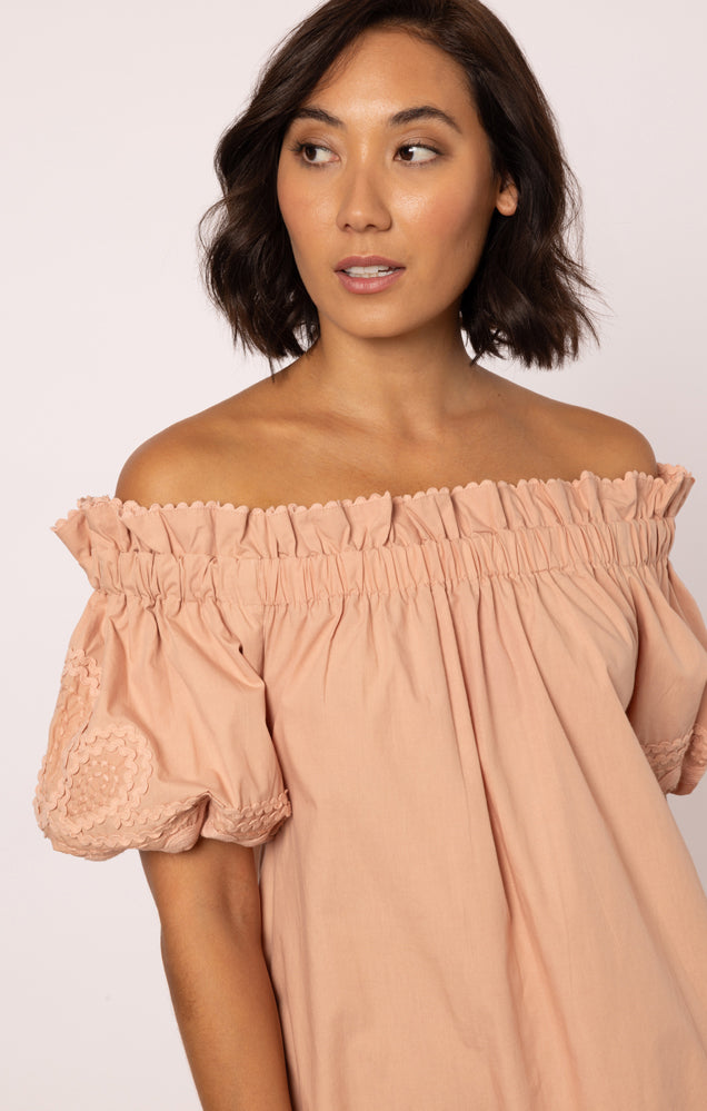 Load image into Gallery viewer, Poplin Off-Shoulder Mini Dress with Ric Rac Embroidery In Bronze
