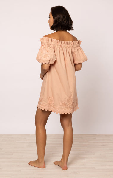 Poplin Off-Shoulder Mini Dress with Ric Rac Embroidery In Bronze