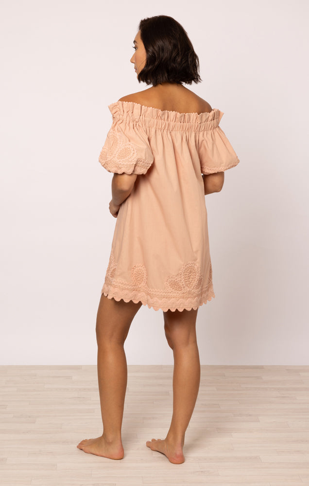Load image into Gallery viewer, Poplin Off-Shoulder Mini Dress with Ric Rac Embroidery In Bronze
