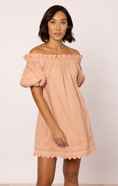Poplin Off-Shoulder Mini Dress with Ric Rac Embroidery In Bronze