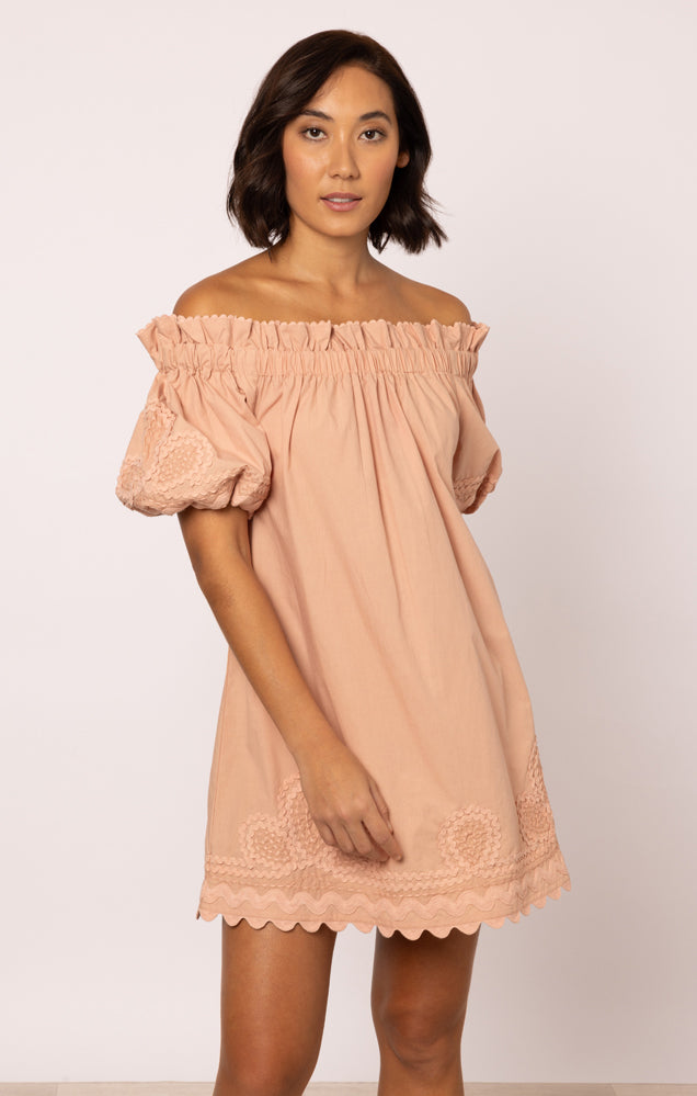 Poplin Off-Shoulder Mini Dress with Ric Rac Embroidery In Bronze
