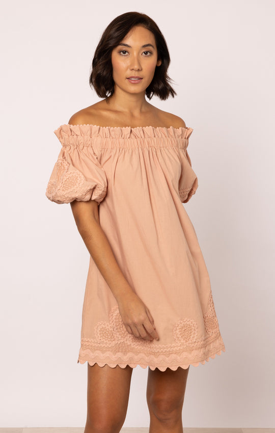 Poplin Off-Shoulder Mini Dress with Ric Rac Embroidery In Bronze