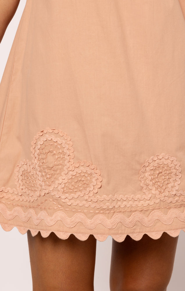 Load image into Gallery viewer, Poplin Off-Shoulder Mini Dress with Ric Rac Embroidery In Bronze
