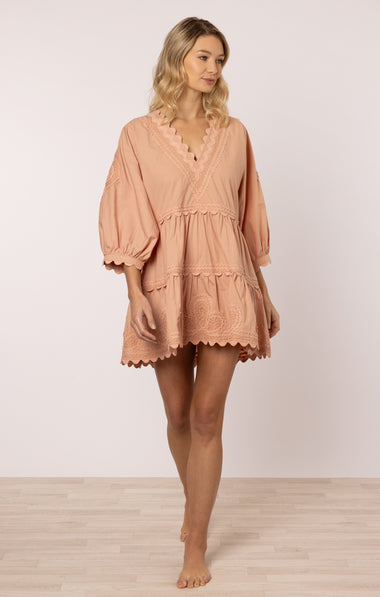 Poplin V-Neck Tiered Mini Dress with Ric Rac Embroidery In Bronze