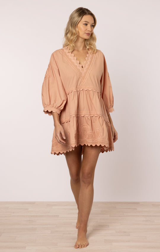 Poplin V-Neck Tiered Mini Dress with Ric Rac Embroidery In Bronze