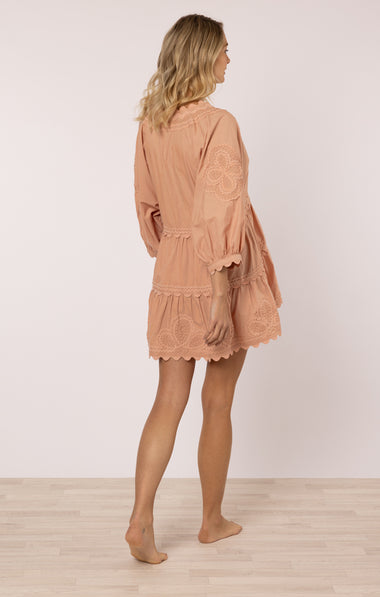 Poplin V-Neck Tiered Mini Dress with Ric Rac Embroidery In Bronze