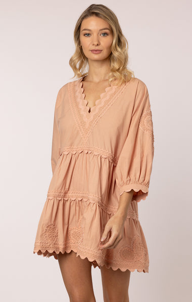Poplin V-Neck Tiered Mini Dress with Ric Rac Embroidery In Bronze