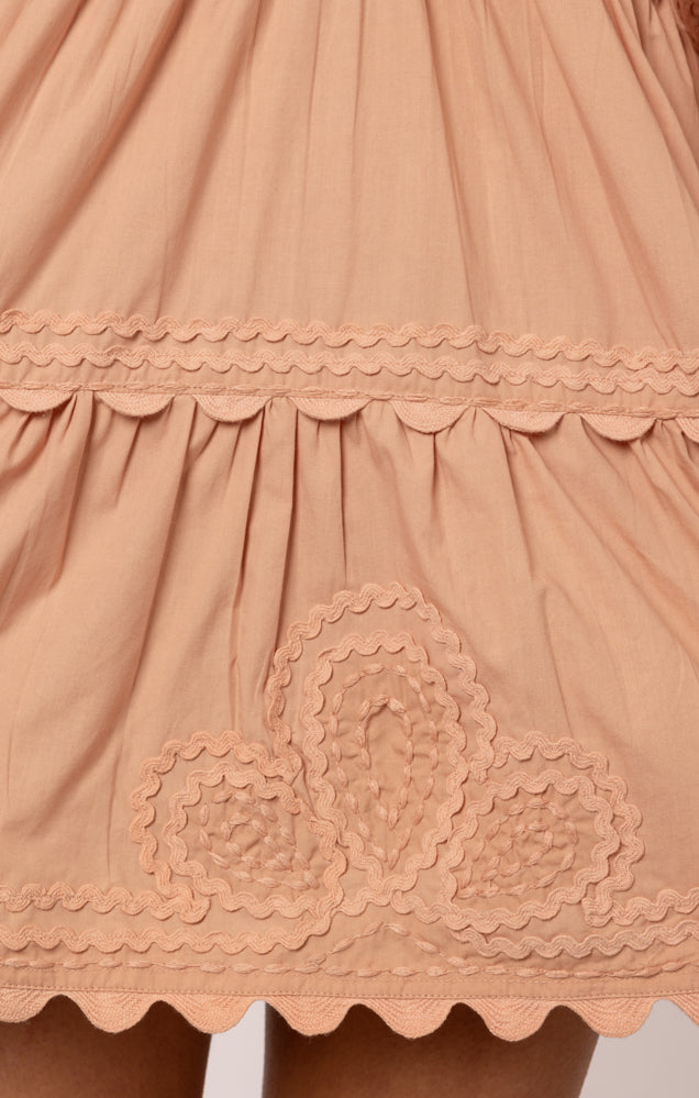 Load image into Gallery viewer, Poplin V-Neck Tiered Mini Dress with Ric Rac Embroidery In Bronze
